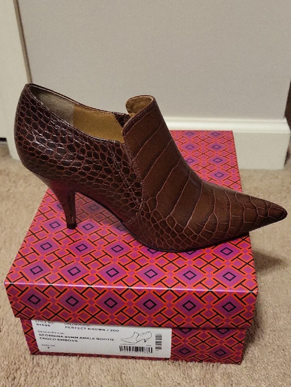 Tory Burch Croc-Embossed Brown Pointed Ankle Booties